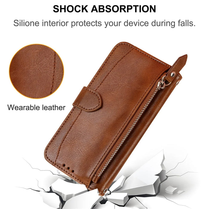 For Google Pixel 9a Case Zipper Pocket Leather Phone Cover with Crossbody Shoulder Strap - Brown - 7