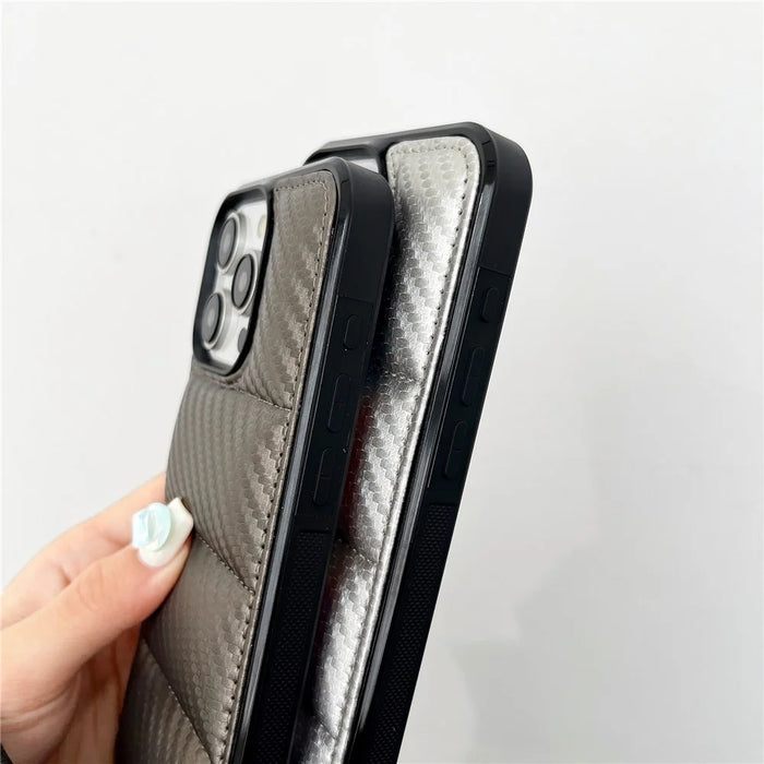 For iPhone 16 Pro Case Carbon Fiber Puffer Jacket Leather+TPU Shockproof Phone Cover - Grey - 3