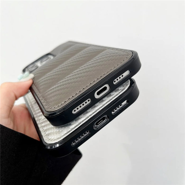 For iPhone 16 Pro Case Carbon Fiber Puffer Jacket Leather+TPU Shockproof Phone Cover - Grey - 4