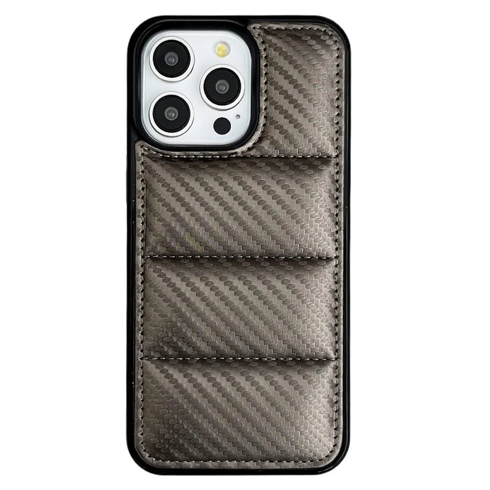 For iPhone 16 Pro Max Case Carbon Fiber Puffer Jacket Leather+TPU Shockproof Phone Cover - Grey - 1
