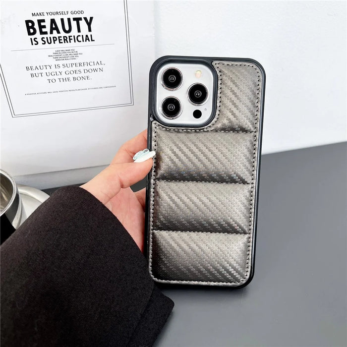 For iPhone 16 Pro Max Case Carbon Fiber Puffer Jacket Leather+TPU Shockproof Phone Cover - Grey - 2