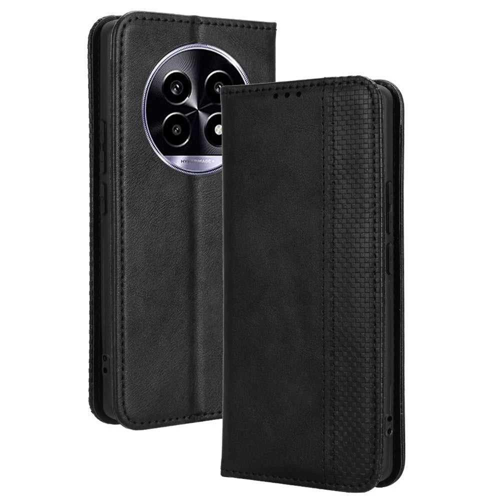 For Realme 13+ 5G / 13 Pro 5G (China) Leather Case Wallet Stand Retro Texture Phone Cover - Black - 1