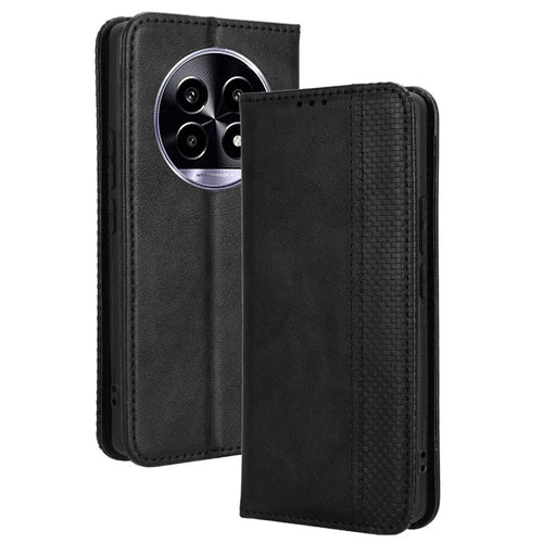 For Realme 13+ 5G / 13 Pro 5G (China) Leather Case Wallet Stand Retro Texture Phone Cover - Black - 1