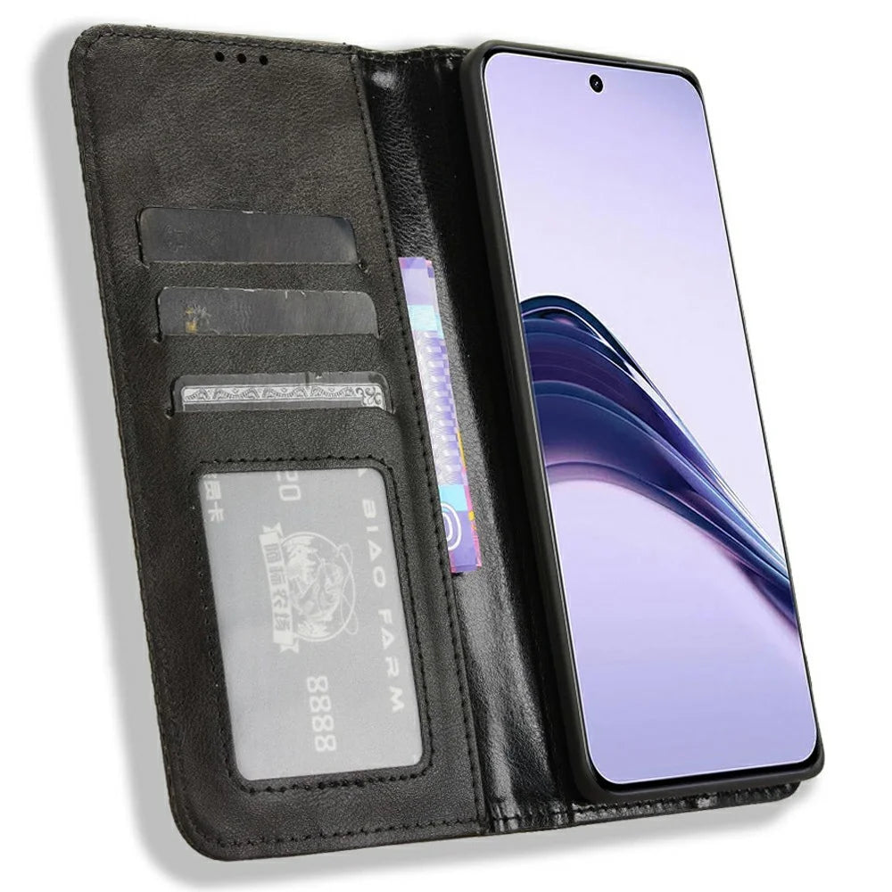 For Realme 13+ 5G / 13 Pro 5G (China) Leather Case Wallet Stand Retro Texture Phone Cover - Black - 2