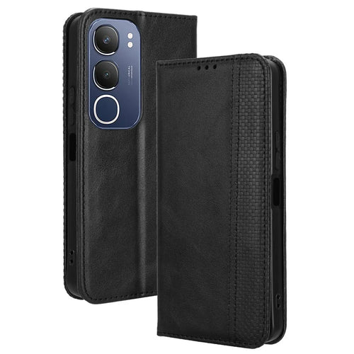 For vivo Y19s 4G / Y29 5G Leather Case Wallet Stand Retro Texture Phone Cover - Black - 1