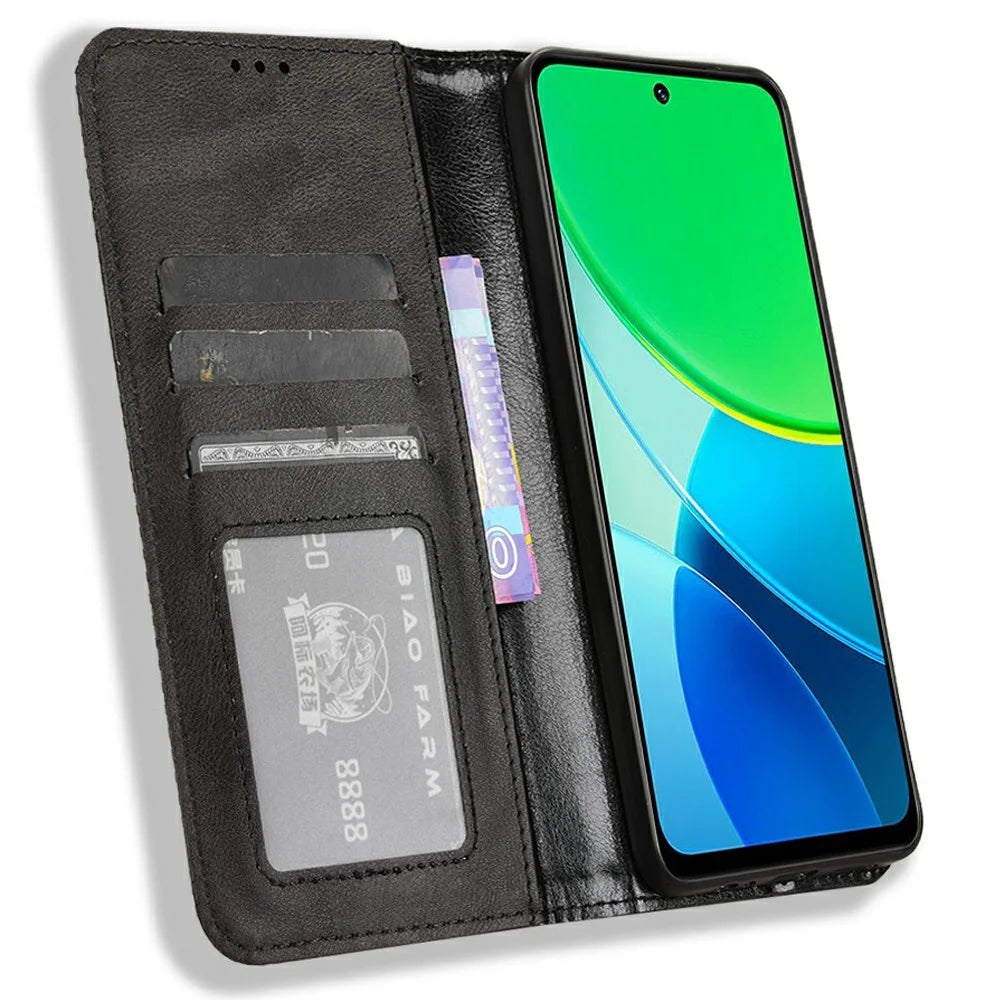 For vivo Y19s 4G / Y29 5G Leather Case Wallet Stand Retro Texture Phone Cover - Black - 2
