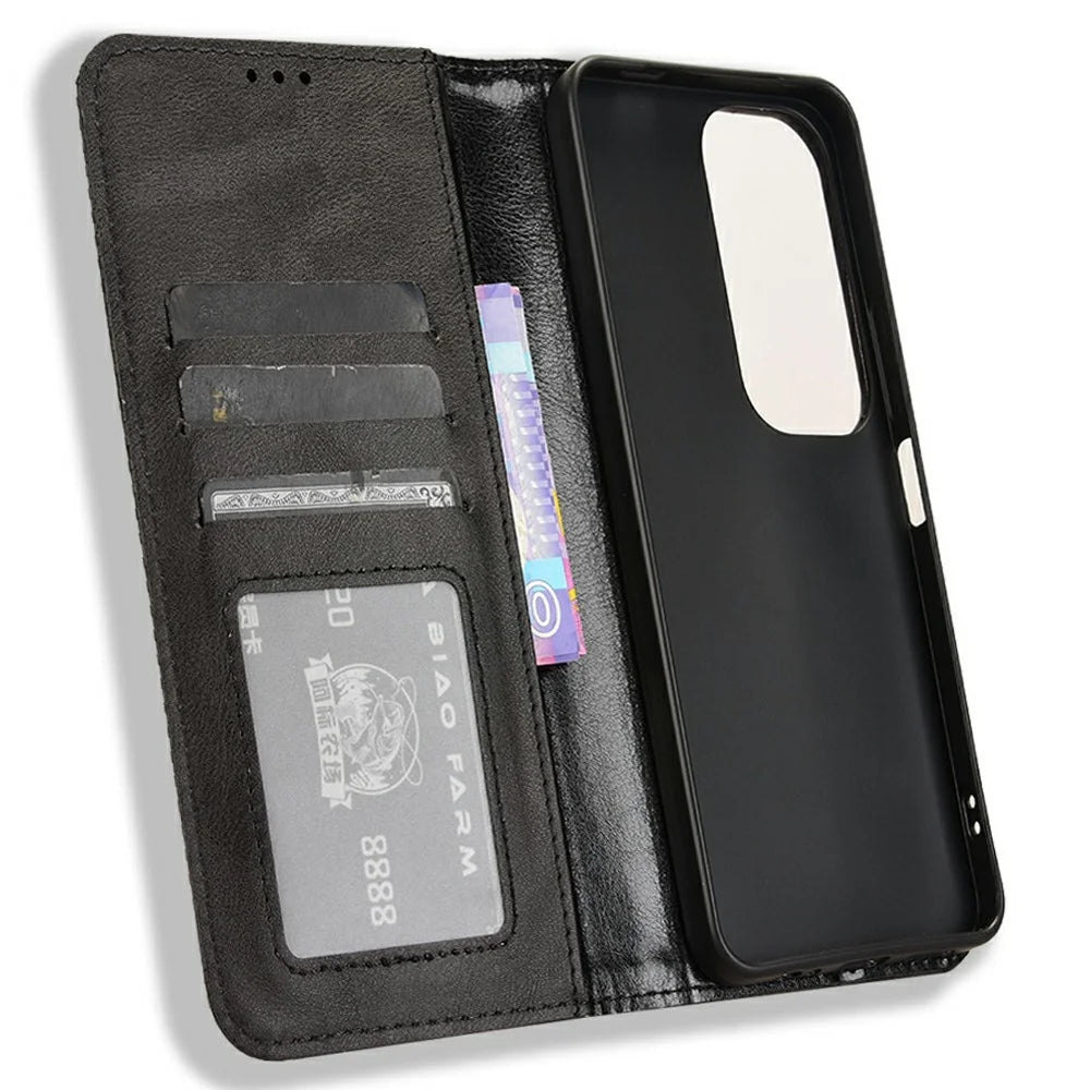 For vivo Y19s 4G / Y29 5G Leather Case Wallet Stand Retro Texture Phone Cover - Black - 4