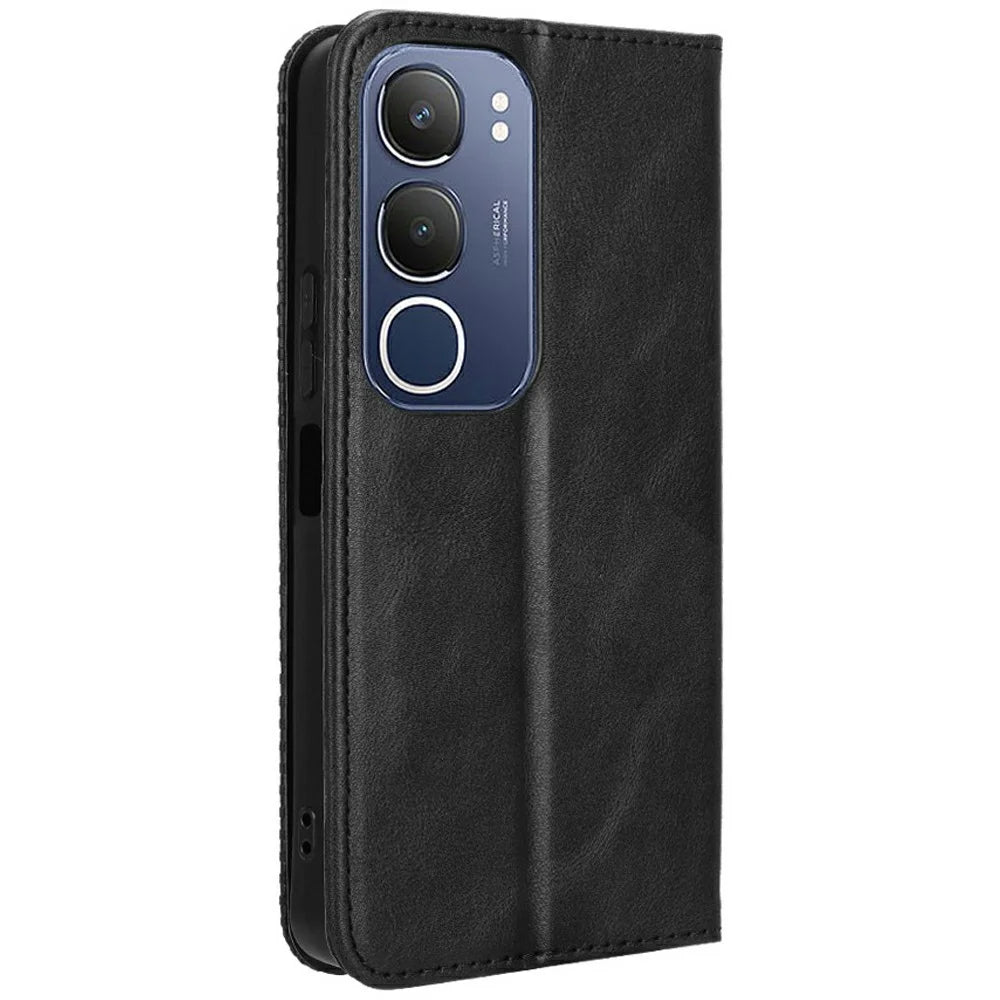 For vivo Y19s 4G / Y29 5G Leather Case Wallet Stand Retro Texture Phone Cover - Black - 7