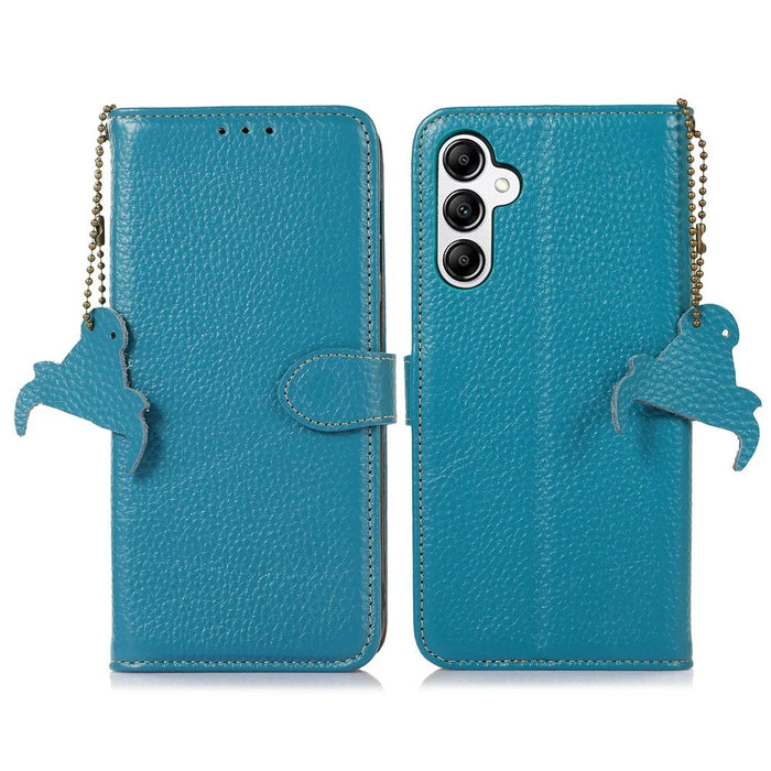 For Samsung Galaxy A36 5G Case RFID Blocking Genuine Cow Leather Phone Cover Litchi Texture - Blue - 1