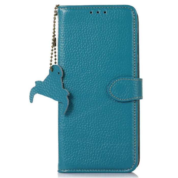For Samsung Galaxy A36 5G Case RFID Blocking Genuine Cow Leather Phone Cover Litchi Texture - Blue - 6