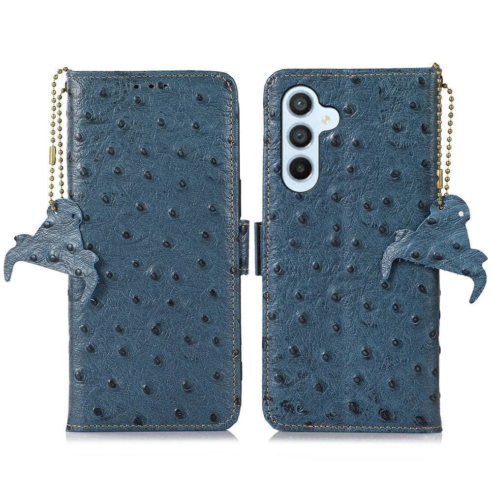 For Samsung Galaxy A36 5G Case RFID Blocking Genuine Cow Leather Phone Case Ostrich Texture - Blue - 1