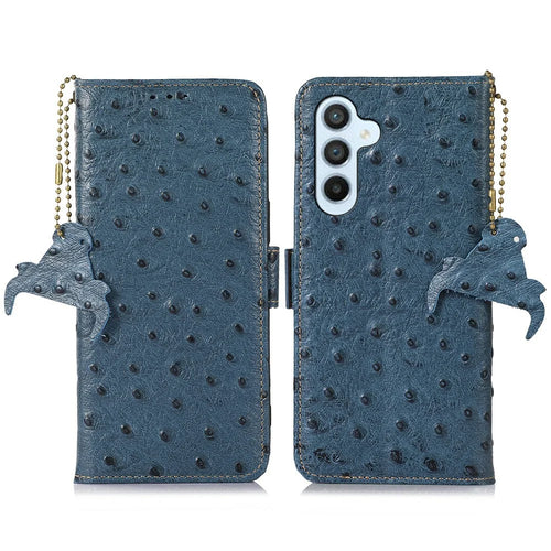 For Samsung Galaxy A36 5G Case RFID Blocking Genuine Cow Leather Phone Case Ostrich Texture - Blue - 1