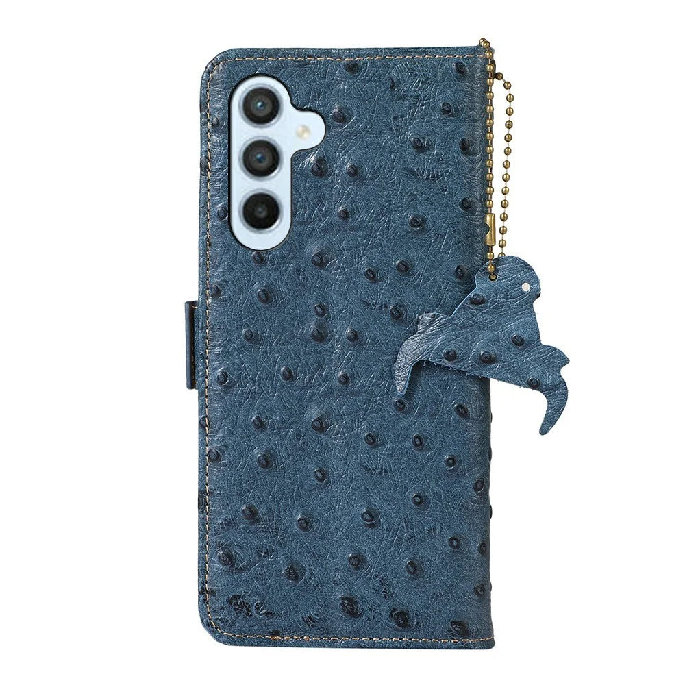 For Samsung Galaxy A36 5G Case RFID Blocking Genuine Cow Leather Phone Case Ostrich Texture - Blue - 7