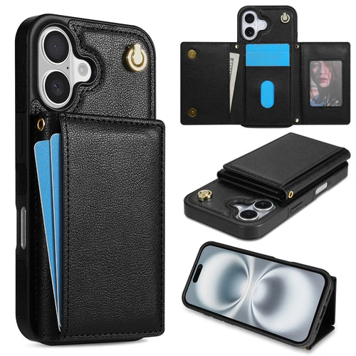 BKS-003 For iPhone 16 Case Tri-Fold Card Holder Kickstand TPU+Leather Back Cover with Shoulder Strap - Black - 1