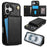BKS-003 For iPhone 16 Case Tri-Fold Card Holder Kickstand TPU+Leather Back Cover with Shoulder Strap - Black - 1
