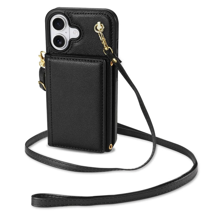 BKS-003 For iPhone 16 Case Tri-Fold Card Holder Kickstand TPU+Leather Back Cover with Shoulder Strap - Black - 2