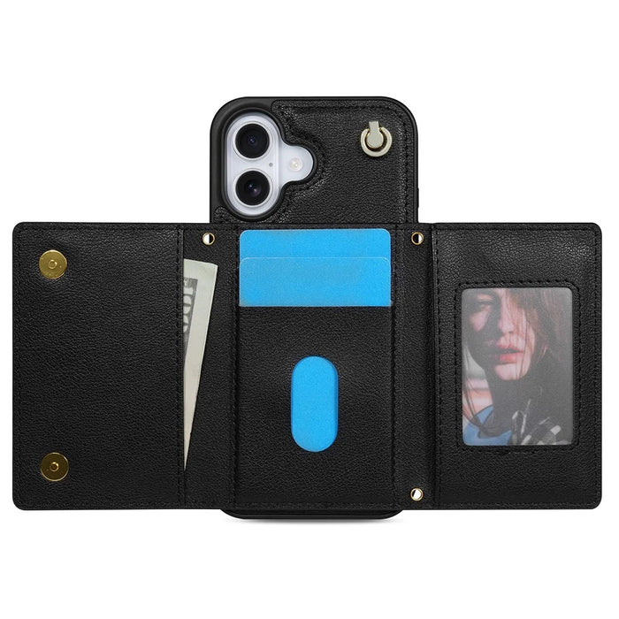 BKS-003 For iPhone 16 Case Tri-Fold Card Holder Kickstand TPU+Leather Back Cover with Shoulder Strap - Black - 4