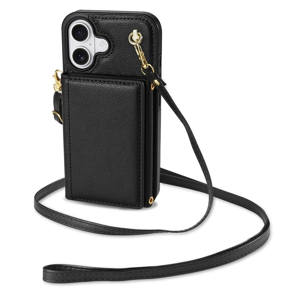 BKS-003 For iPhone 16 Plus Case Tri-Fold Card Holder Kickstand TPU+Leather Back Cover with Shoulder Strap - Black - 2
