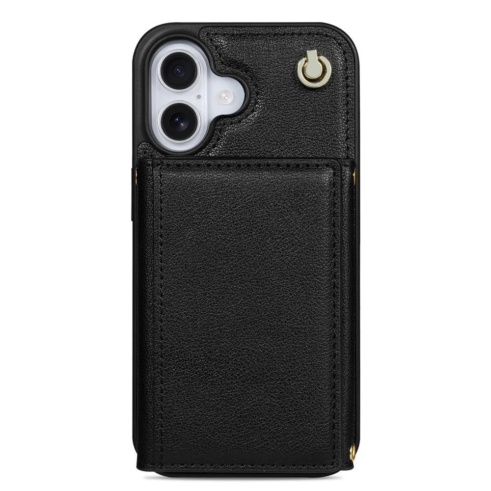 BKS-003 For iPhone 16 Plus Case Tri-Fold Card Holder Kickstand TPU+Leather Back Cover with Shoulder Strap - Black - 3