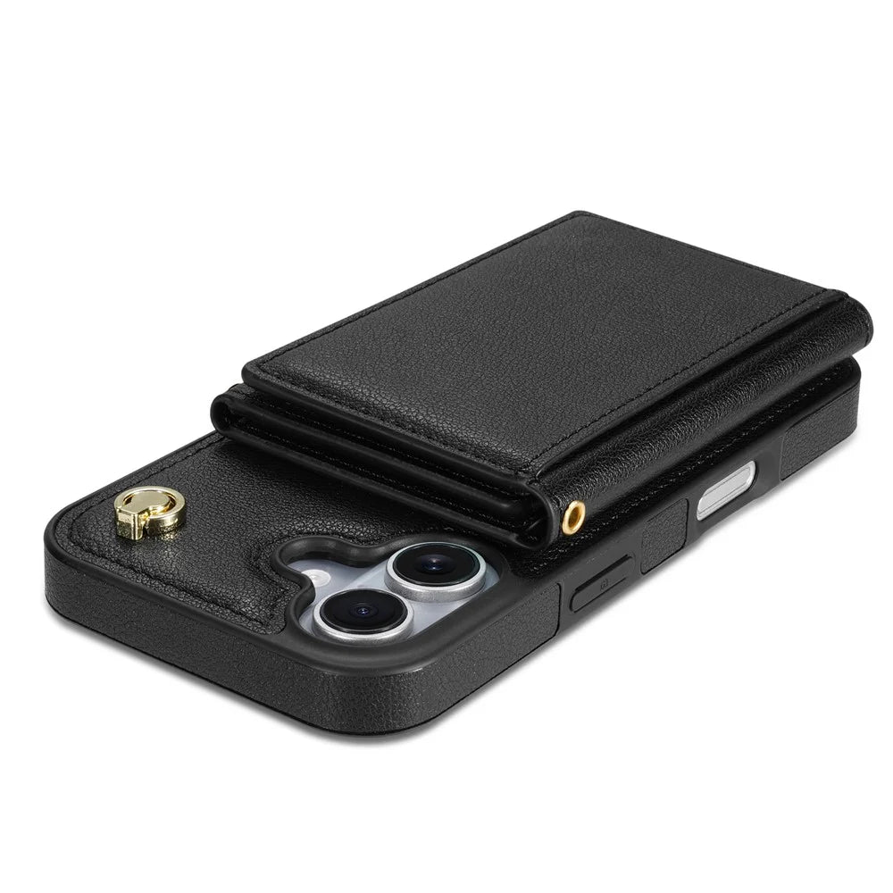 BKS-003 For iPhone 16 Plus Case Tri-Fold Card Holder Kickstand TPU+Leather Back Cover with Shoulder Strap - Black - 5