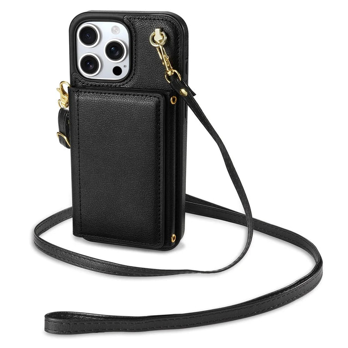 BKS-003 For iPhone 16 Pro Case Tri-Fold Card Holder Kickstand TPU+Leather Back Cover with Shoulder Strap - Black - 2