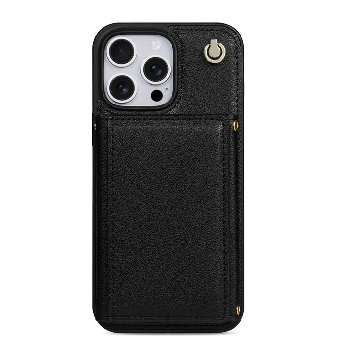 BKS-003 For iPhone 16 Pro Case Tri-Fold Card Holder Kickstand TPU+Leather Back Cover with Shoulder Strap - Black - 3