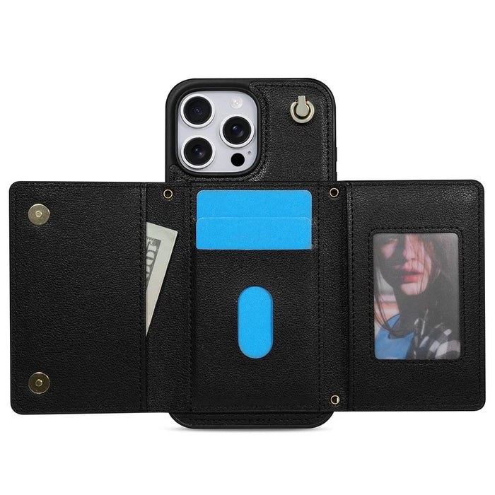 BKS-003 For iPhone 16 Pro Case Tri-Fold Card Holder Kickstand TPU+Leather Back Cover with Shoulder Strap - Black - 4