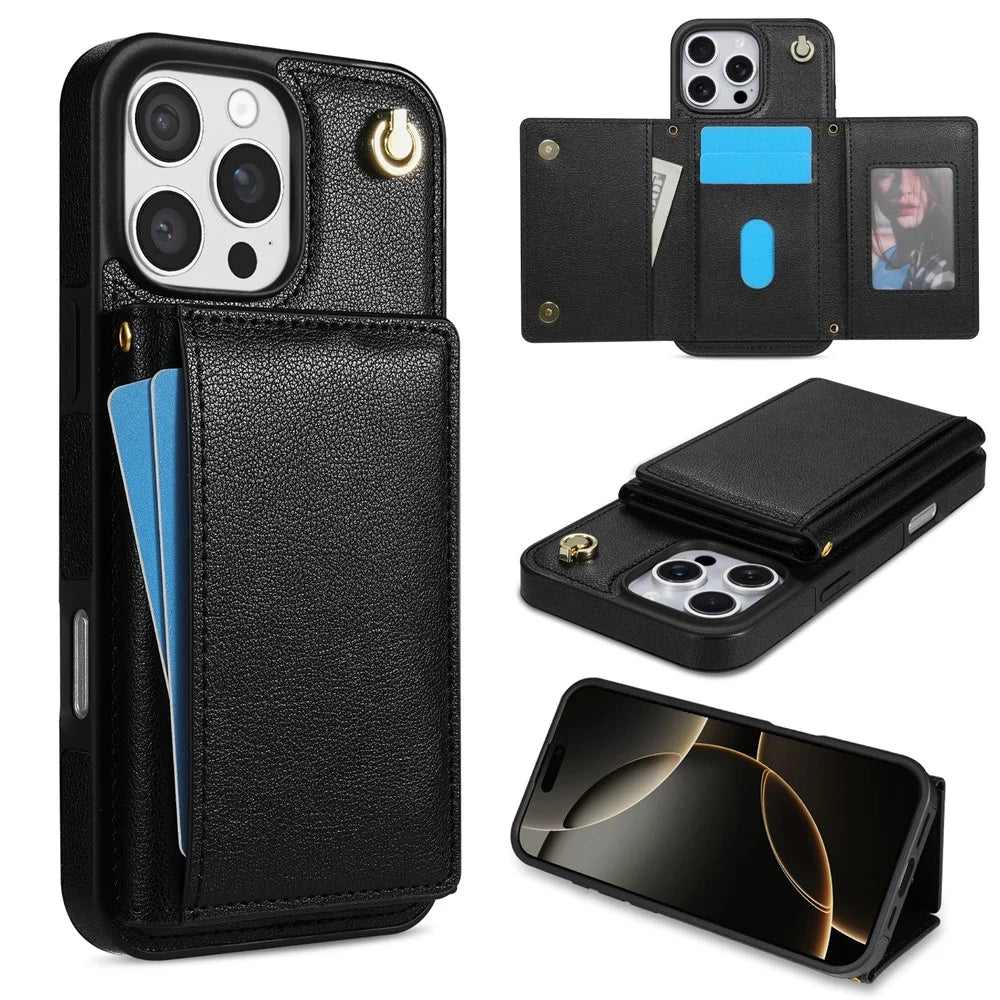 BKS-003 For iPhone 16 Pro Max Case Tri-Fold Card Holder Kickstand TPU+Leather Back Cover with Shoulder Strap - Black - 1