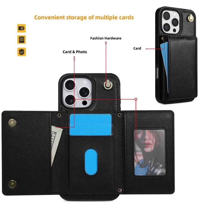 BKS-003 For iPhone 16 Pro Max Case Tri-Fold Card Holder Kickstand TPU+Leather Back Cover with Shoulder Strap - Black - 6