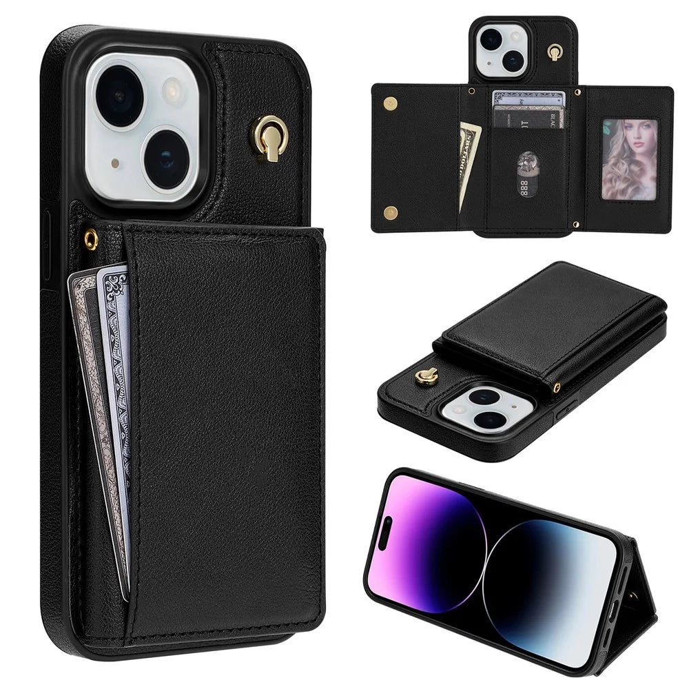 BKS-003 For iPhone 15 Case Tri-Fold Card Holder Kickstand TPU+Leather Back Cover with Shoulder Strap - Black - 1