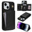 BKS-003 For iPhone 15 Case Tri-Fold Card Holder Kickstand TPU+Leather Back Cover with Shoulder Strap - Black - 1