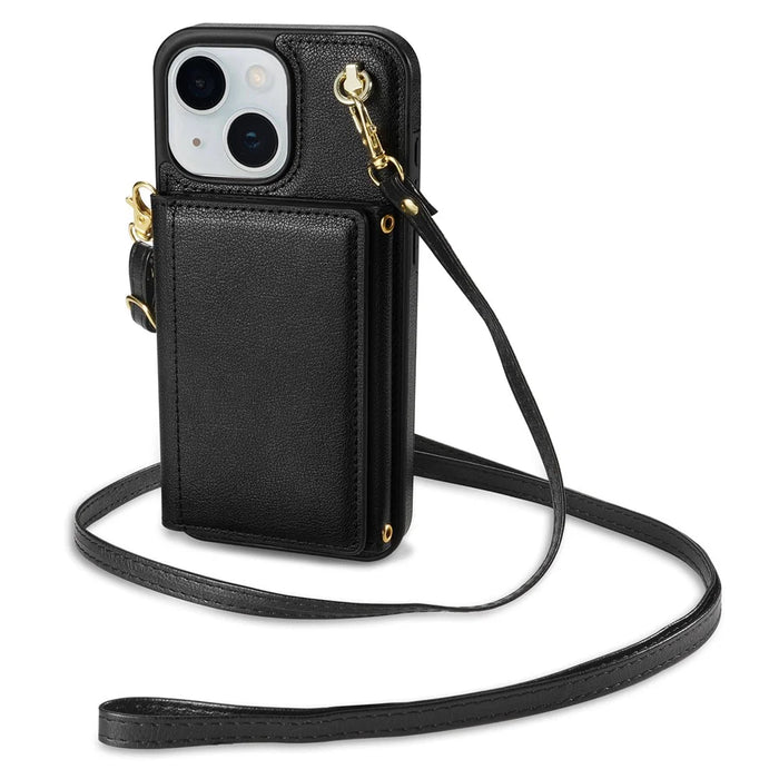 BKS-003 For iPhone 15 Case Tri-Fold Card Holder Kickstand TPU+Leather Back Cover with Shoulder Strap - Black - 2