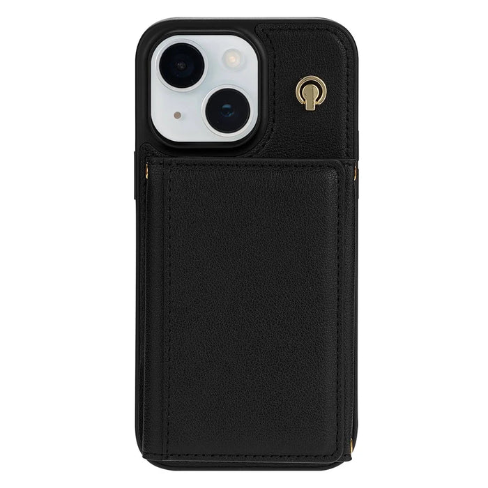 BKS-003 For iPhone 15 Case Tri-Fold Card Holder Kickstand TPU+Leather Back Cover with Shoulder Strap - Black - 3