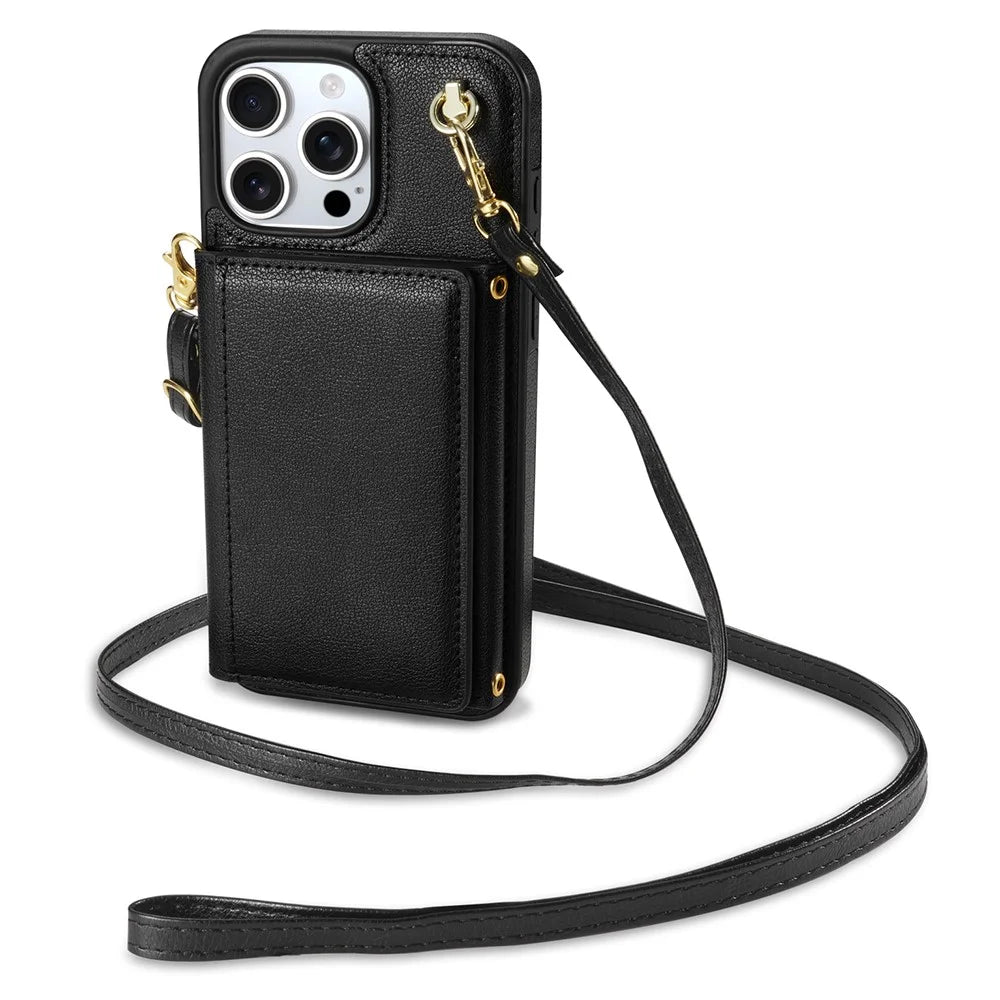 BKS-003 For iPhone 15 Pro Case Tri-Fold Card Holder Kickstand TPU+Leather Back Cover with Shoulder Strap - Black - 2