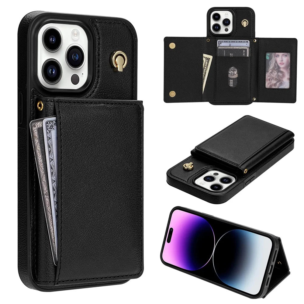BKS-003 For iPhone 15 Pro Max Case Tri-Fold Card Holder Kickstand TPU+Leather Back Cover with Shoulder Strap - Black - 1