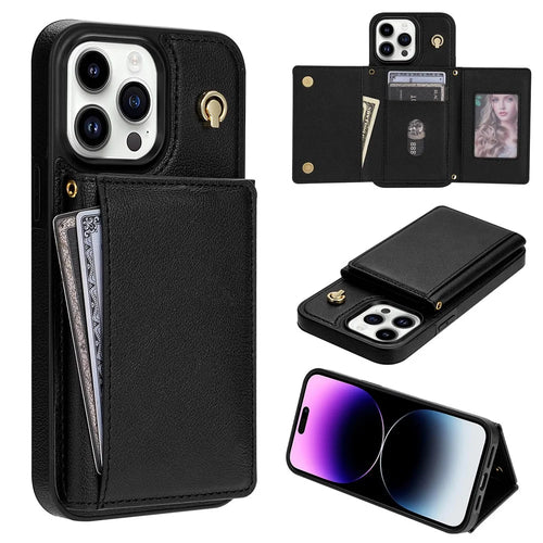 BKS-003 For iPhone 15 Pro Max Case Tri-Fold Card Holder Kickstand TPU+Leather Back Cover with Shoulder Strap - Black - 1