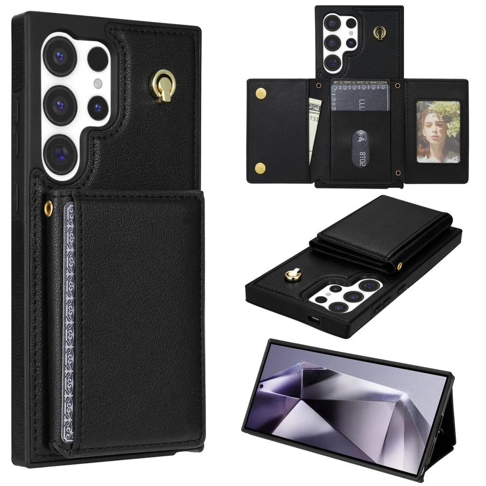BKS-003 For Samsung Galaxy S24 Ultra Case Tri-Fold Card Holder Kickstand TPU+Leather Back Cover with Shoulder Strap - Black - 1