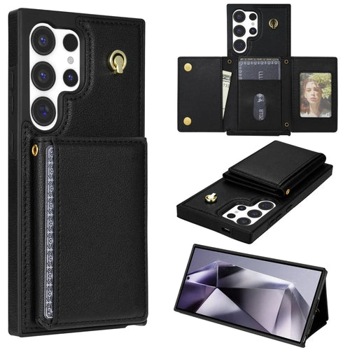 BKS-003 For Samsung Galaxy S24 Ultra Case Tri-Fold Card Holder Kickstand TPU+Leather Back Cover with Shoulder Strap - Black - 1