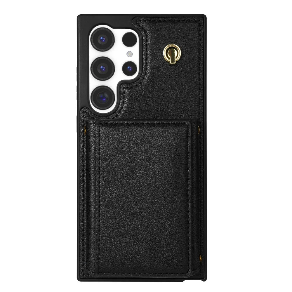 BKS-003 For Samsung Galaxy S24 Ultra Case Tri-Fold Card Holder Kickstand TPU+Leather Back Cover with Shoulder Strap - Black - 2