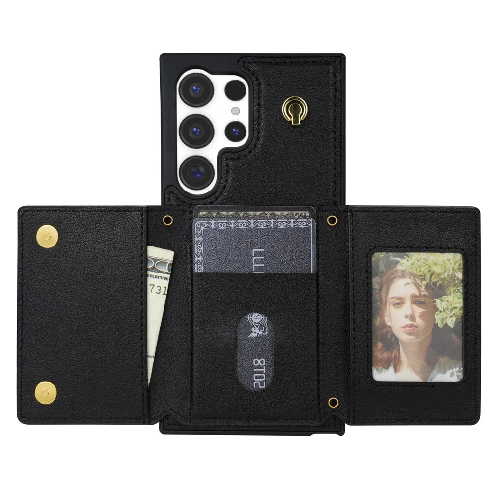 BKS-003 For Samsung Galaxy S24 Ultra Case Tri-Fold Card Holder Kickstand TPU+Leather Back Cover with Shoulder Strap - Black - 3