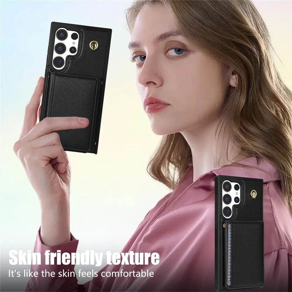 BKS-003 For Samsung Galaxy S24 Ultra Case Tri-Fold Card Holder Kickstand TPU+Leather Back Cover with Shoulder Strap - Black - 6