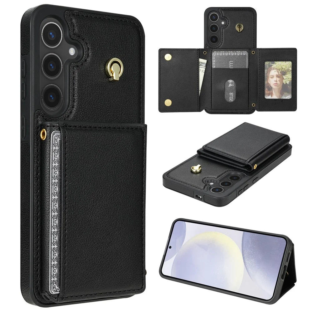 BKS-003 For Samsung Galaxy S24+ Case Tri-Fold Card Holder Kickstand TPU+Leather Back Cover with Shoulder Strap - Black - 1
