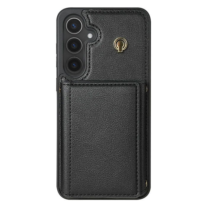 BKS-003 For Samsung Galaxy S24+ Case Tri-Fold Card Holder Kickstand TPU+Leather Back Cover with Shoulder Strap - Black - 2
