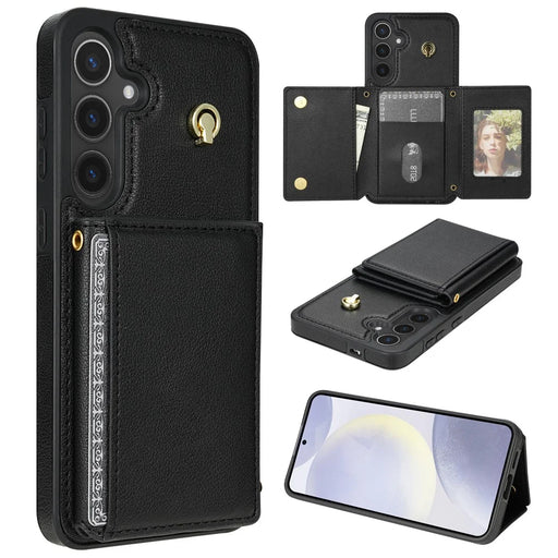 BKS-003 For Samsung Galaxy S24 Case Tri-Fold Card Holder Kickstand TPU+Leather Back Cover with Shoulder Strap - Black - 1