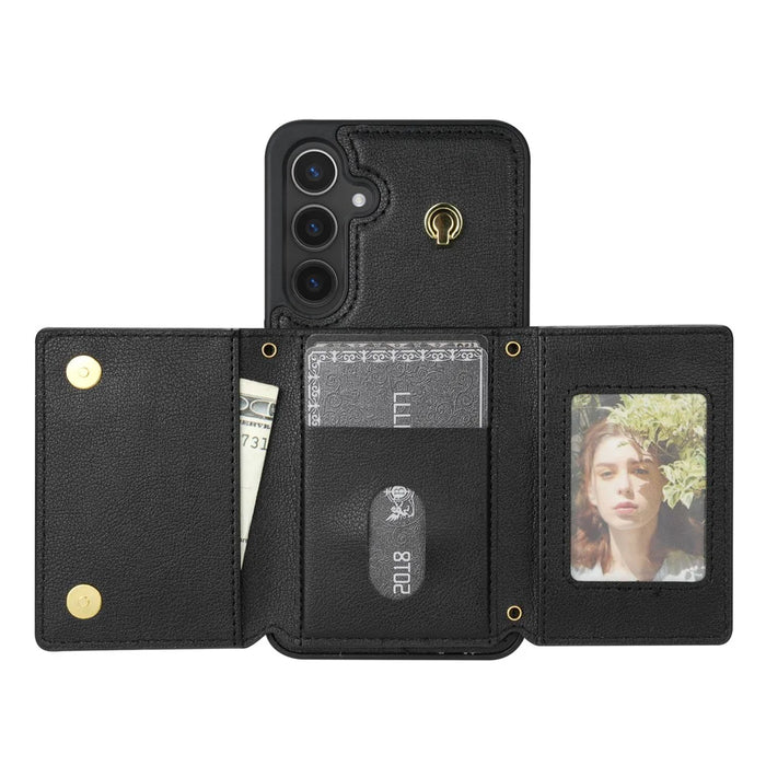 For Samsung Galaxy S24 FE Case Tri-Fold Card Holder Kickstand TPU+Leather Back Cover with Shoulder Strap - Black - 3