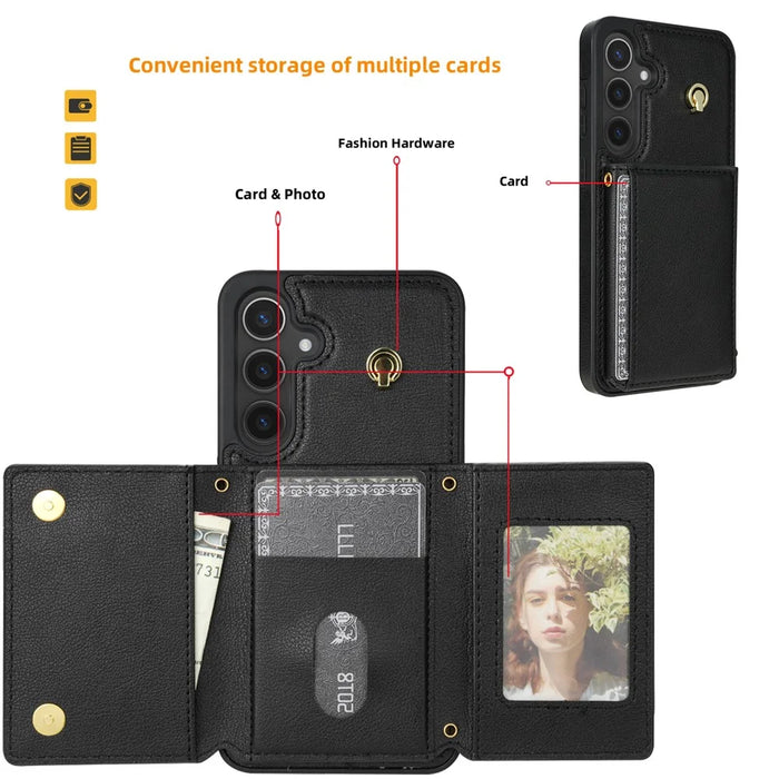For Samsung Galaxy S24 FE Case Tri-Fold Card Holder Kickstand TPU+Leather Back Cover with Shoulder Strap - Black - 5