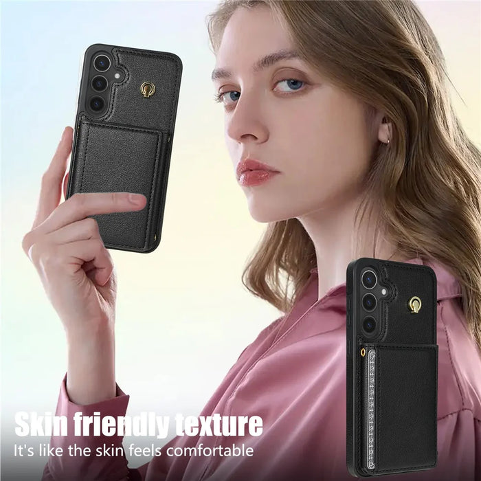 For Samsung Galaxy A16 4G / 5G Case Tri-Fold Card Holder Kickstand TPU+Leather Back Cover with Shoulder Strap - Black - 7