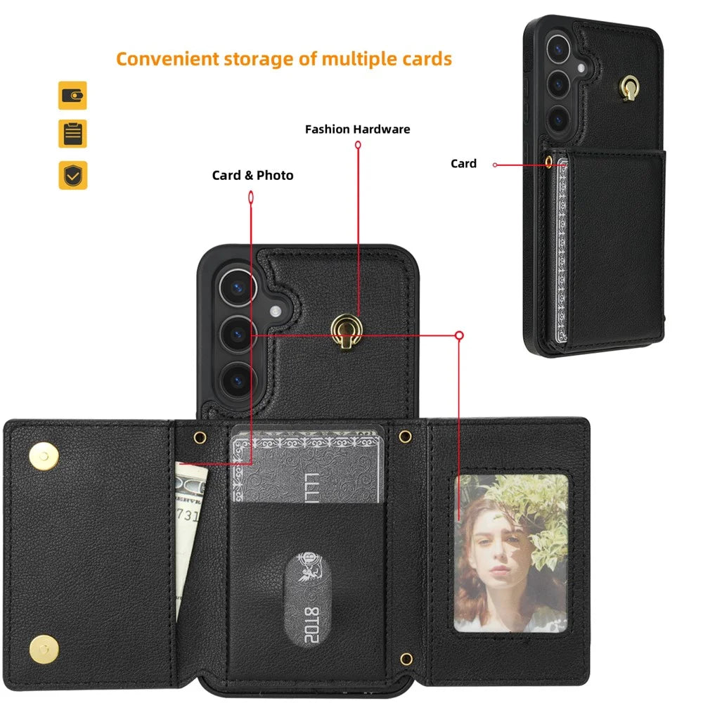 For Samsung Galaxy A15 4G / 5G Case Tri-Fold Card Holder Kickstand TPU+Leather Back Cover with Shoulder Strap - Black - 5