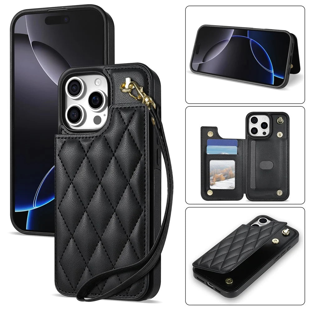 For iPhone 16 Pro Case with Wrist Strap Card Slots Rhombus Leather+TPU Phone Cover - Black - 1