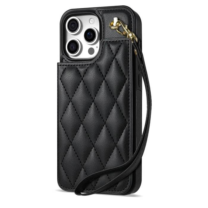 For iPhone 16 Pro Case with Wrist Strap Card Slots Rhombus Leather+TPU Phone Cover - Black - 2